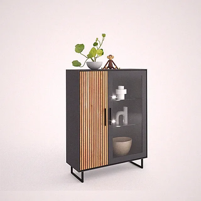 Highboard Vitrine Stella Eiche teilmassiv Anthrazit Akustikpaneel Höhe 147cm