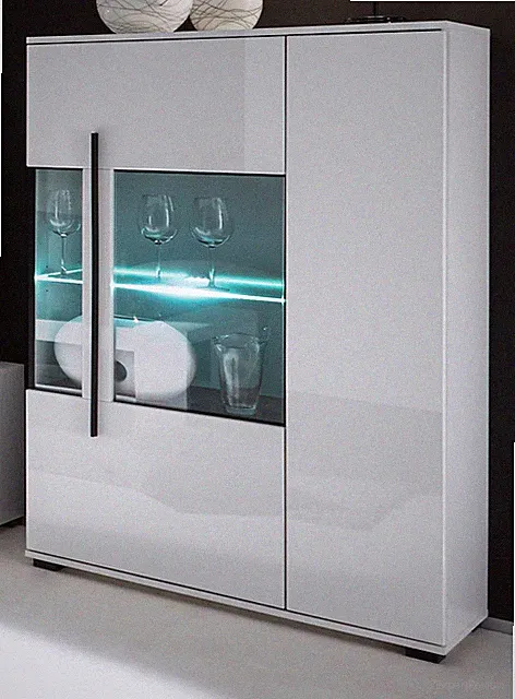 Highboard Vitrine weiß Hochglanz Wohnzimmer Esszimmer Schrank 90x140 cm Design-D