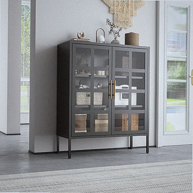 Highboard Vitrinenschrank Vitine Schwarz Glasgow Beistellschrank mit Glastüren
