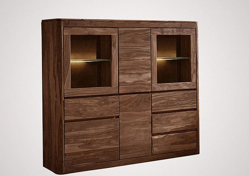 Highboard Wohnzimmerschrank Vitrine - m. Glasböden - Massivholz Sheesham 166x145