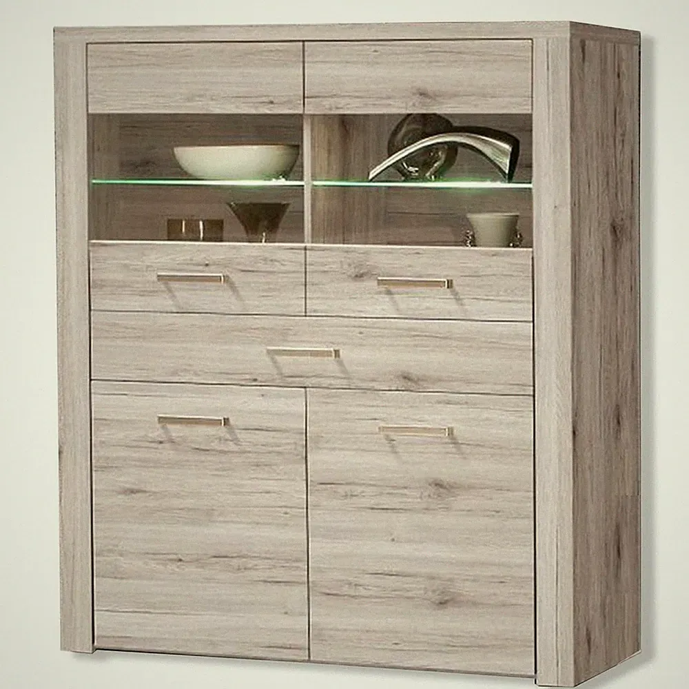 Highboardvitrine - Sandeiche - Beleuchtung - 130 cm Anrichte Buffet Sideboard