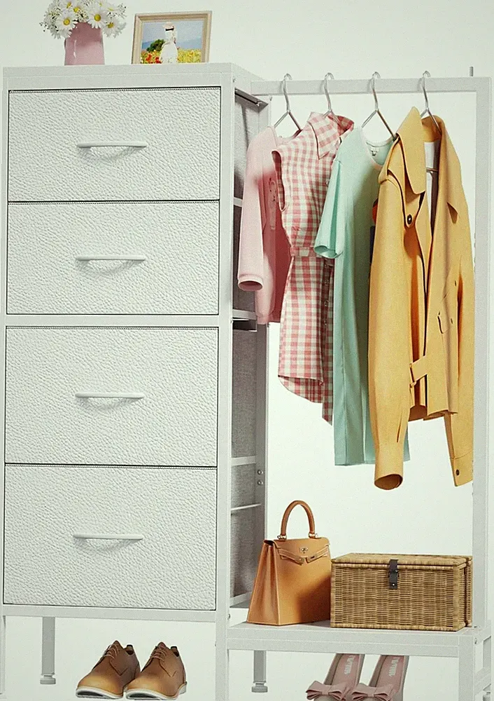 Hoch Kommode mit 4 Schubladen & Kleiderstange, Weiß für Schlafzimmer, Wohnzimmer