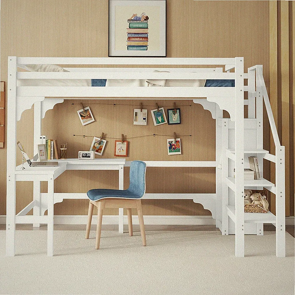 Hochbett 140x200 cm Kiefernholz L Schreibtisch Kleiderschrank minimalistisch