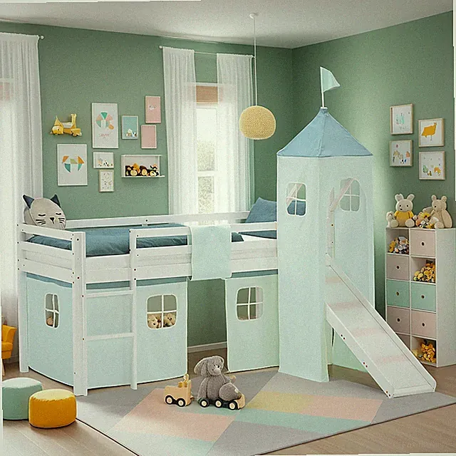 Hochbett 90x200 Kinderbett Lattenrost Matratze Rutsche Vorhang Turm Homestyle4u