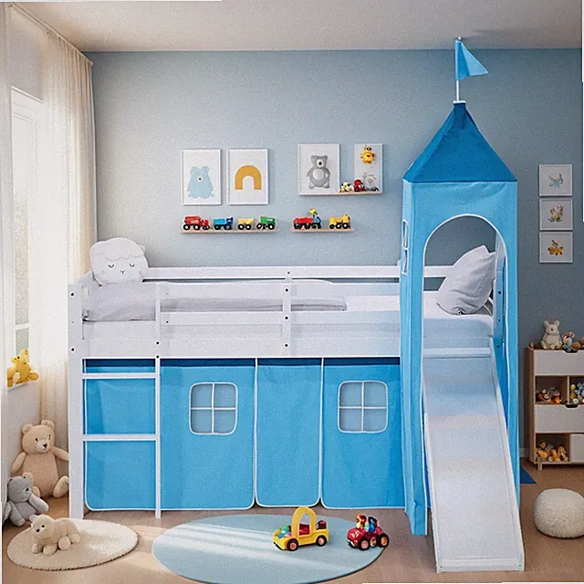 Hochbett 90x200 Kinderbett mit Matratze Rutsche Vorhang Turm Blau Homestyle4u