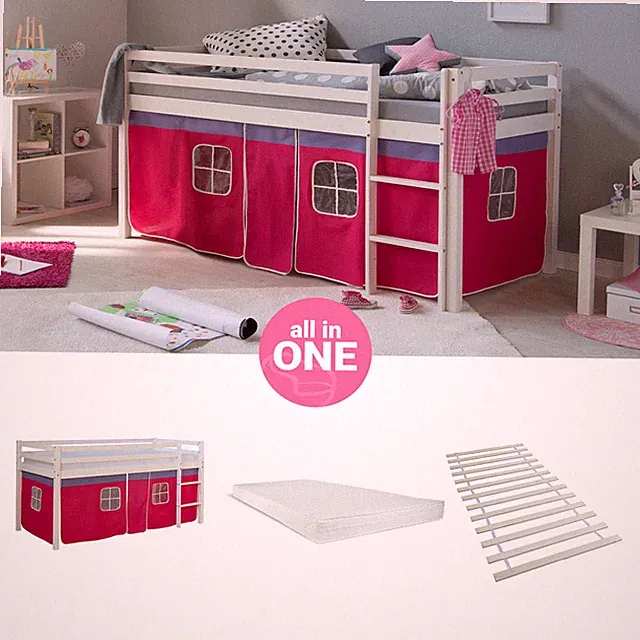 Hochbett 90x200 Kinderbett mit Treppe Holz Matratze Mädchen Pink Homestyle4u
