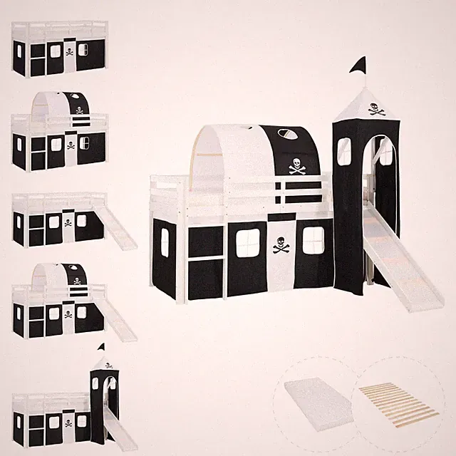 Hochbett 90x200 Kinderbett Rutsche Matratze Stockbett Pirat Vorhang Homestyle4u