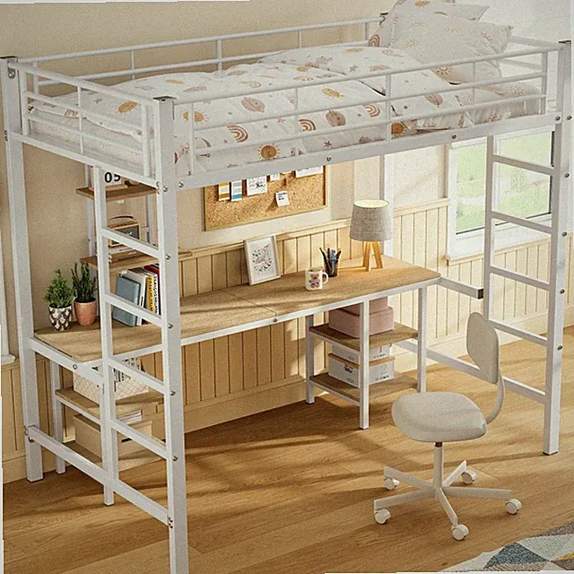 Hochbett Etagenbett 90x200cm Schreibtisch Regale Leiter Fallschutz Metall Weiß