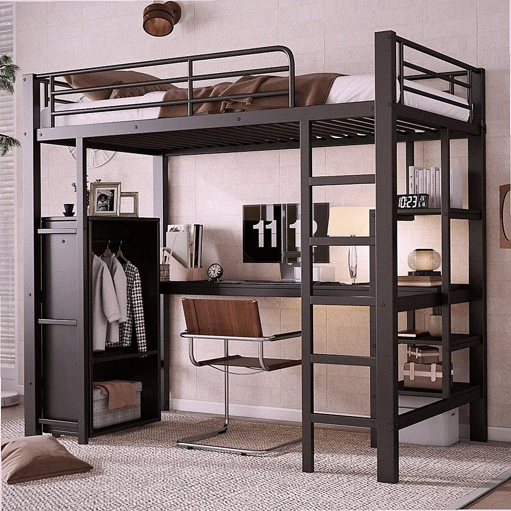 Hochbett Etagenbett 90x200cm Schreibtisch Schrank Ablagefächer 5 Stufen Schwarz