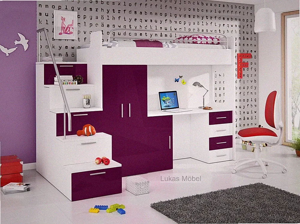 Hochbett Etagenbett Alice Hochglanz Weiss Violett Bett Schrank Schreibtisch