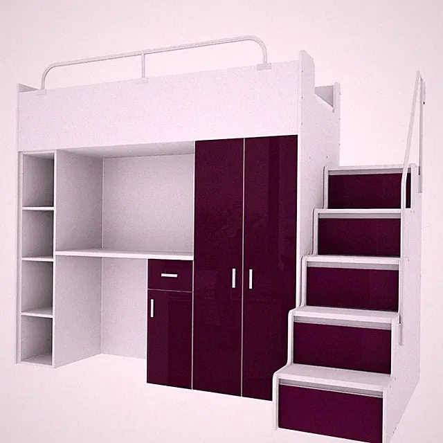 Hochbett Etagenbett JSM-4 Glanz mit Treppe, Schrank, Schreibtisch und Matratze