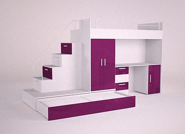 Hochbett Etagenbett Kinderbett MAJA 5 mit Schreibtisch, Kleiderschrank Stockbett