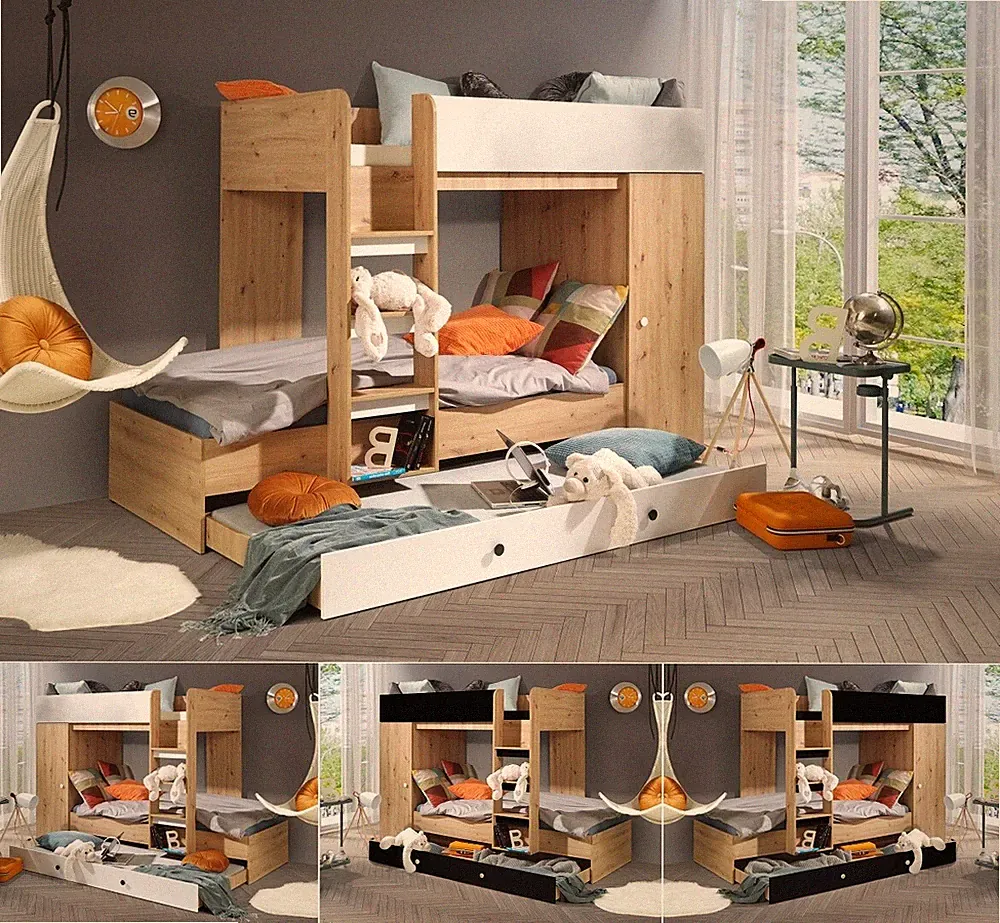 Hochbett Etagenbett mit Schrank SAM 2 für 2-3 Kinder eiche weiß schwarz auswahl