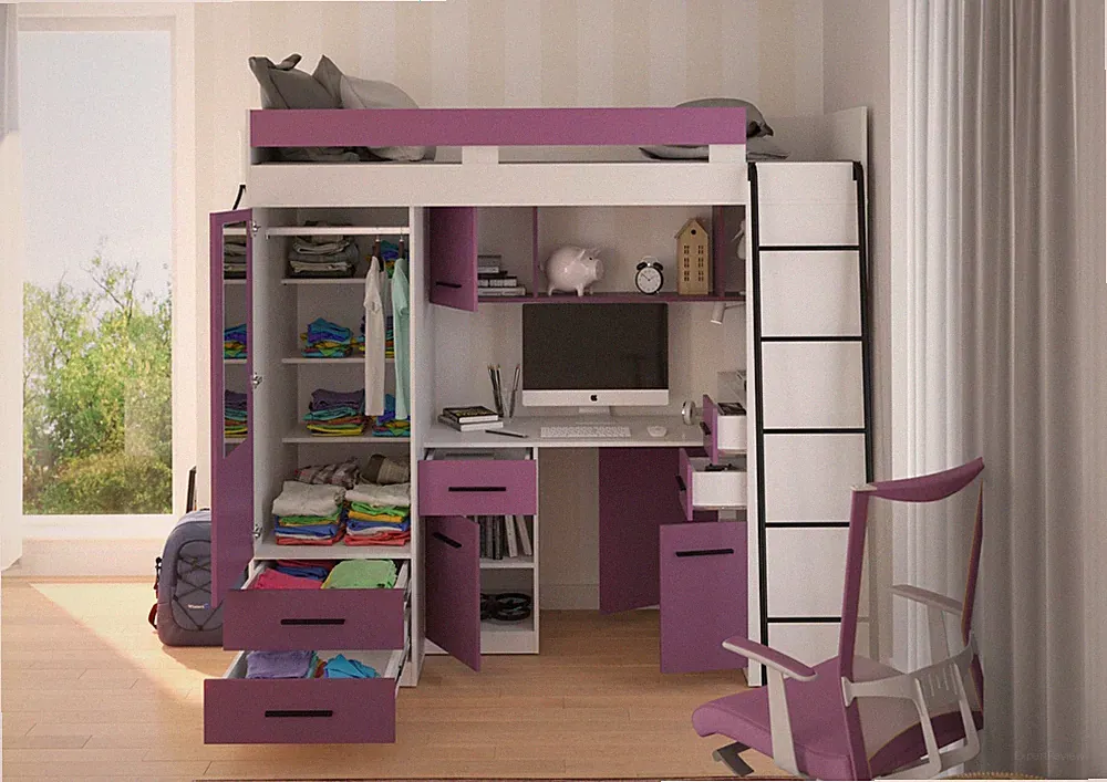 Hochbett Etagenbett SMYK 200x80 cm Schreibtisch Kleiderschrank Regal