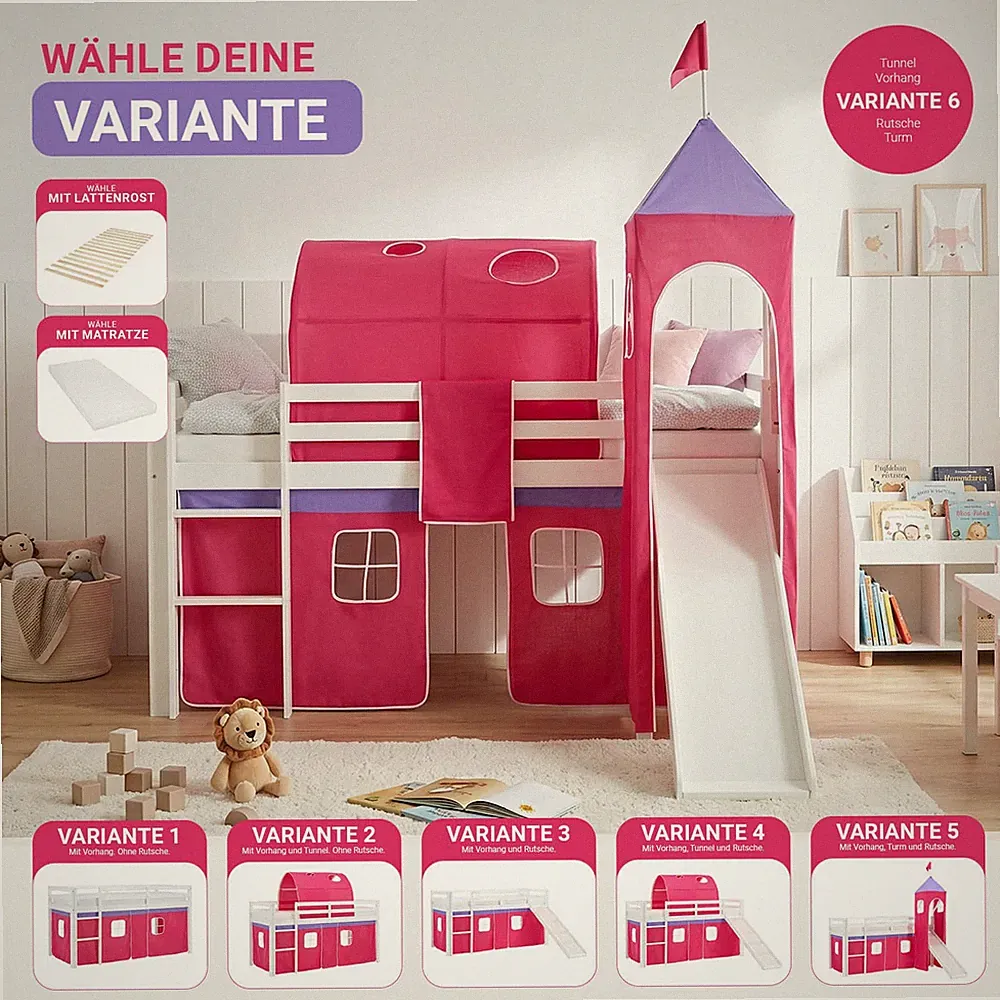 Hochbett Kinder 90x200 cm Rutsche Matratze Stockbett Kinderbett Pink Homestyle4u
