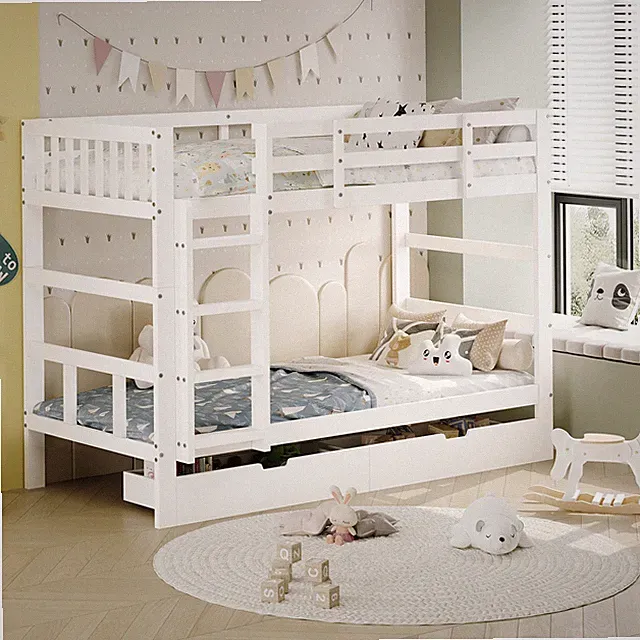 Hochbett Kinderbett 90x200 cm,Etagenbett mit Stauraum Schubladen Lattenrost Weiß