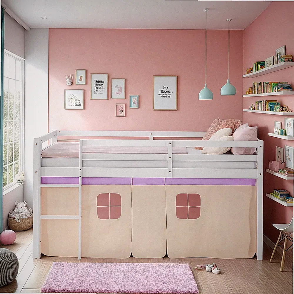 Hochbett Kinderbett 90x200 cm Weiß Vorhang Lila Matratze Lattenrost Homestyle4u