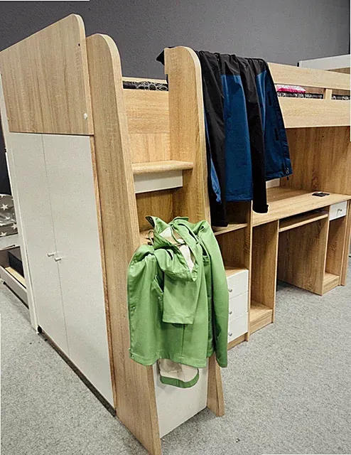 Hochbett Kinderbett 90x200cm mit Leiter, Schreibtisch, Kleiderschrank, Weiß