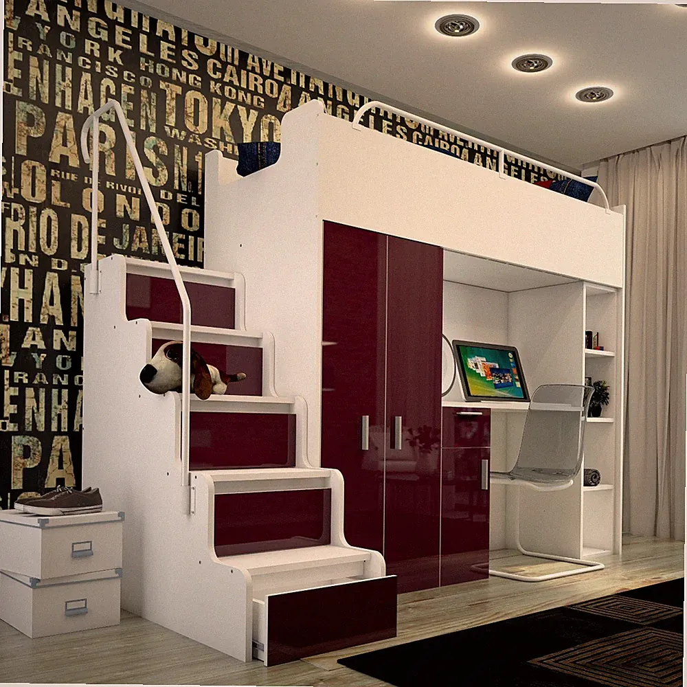 Hochbett Kinderbett JSM4 90x200 mit Kleiderschrank Schreibtisch und Treppe Glanz