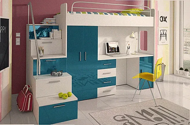 Hochbett MAJA 4S mit Matratze Kleiderschrank Schreibtisch Treppe in in Hochglanz