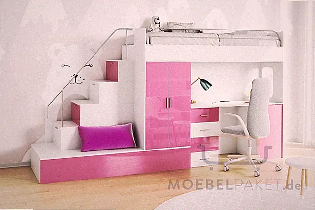 Hochbett MAJA Etagenbett mit Schreibtisch, Kinderbett Set Lattenrost inklusive