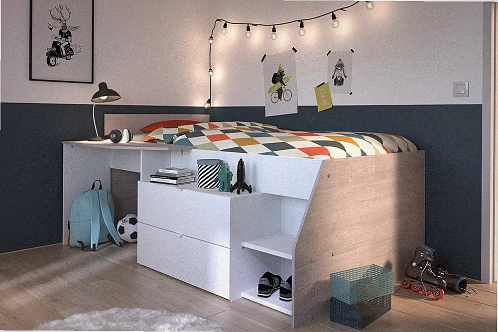 Hochbett Milky 1 Parisot weiß-grau inkl. Schreibplatte, Kommode & Ablagefach