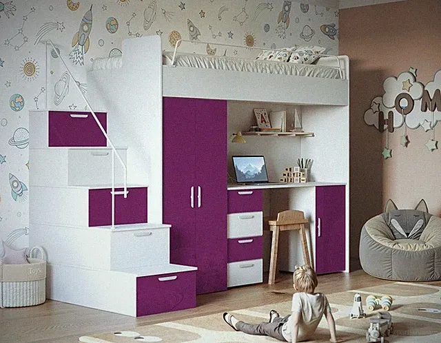 Hochbett mit Schreibtisch MAJA 4S - Schrank ,Regale in den Treppen, Glanz, Matt