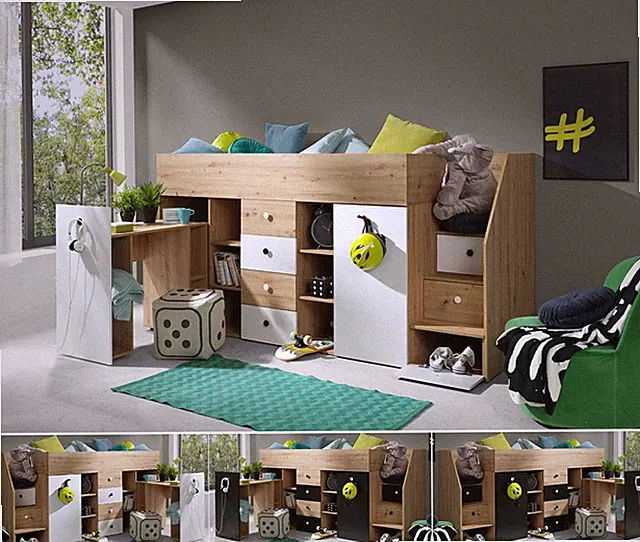 Hochbett mit Schreibtisch Schrank Regalen Schubladen und Treppe SAM 3