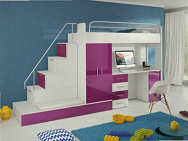Hochbett TOMI mit Schreibtisch, Schrank, Treppe und Gästebett in Hochglanz weiß