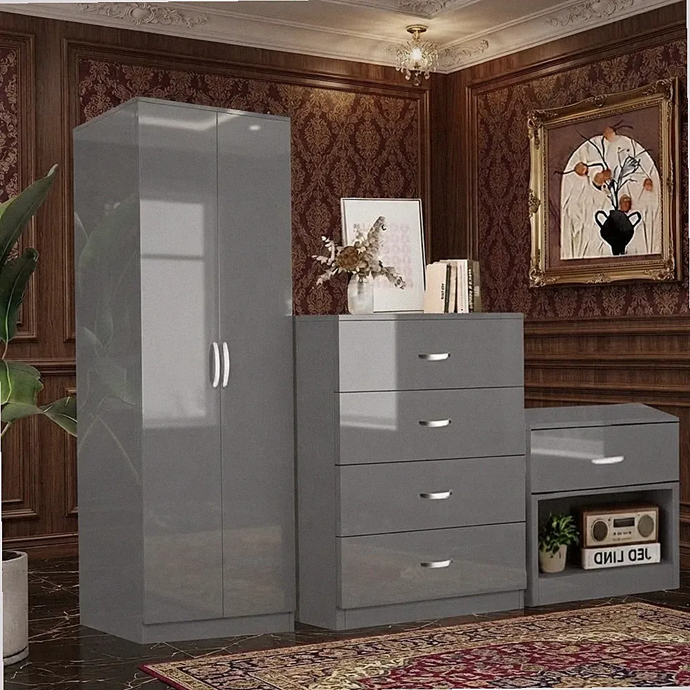Hochglanz 3tlg. Schlafzimmermöbel Nachttisch Kleiderschrank Set Kommode