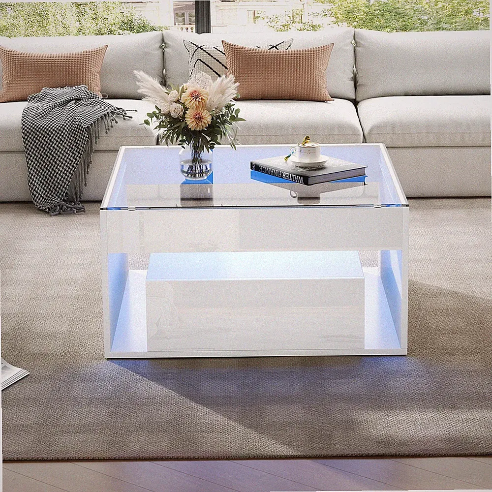 Hochglanz Couchtisch Beistelltisch Sofatisch mit 2 Schublade LED Glastischplatte