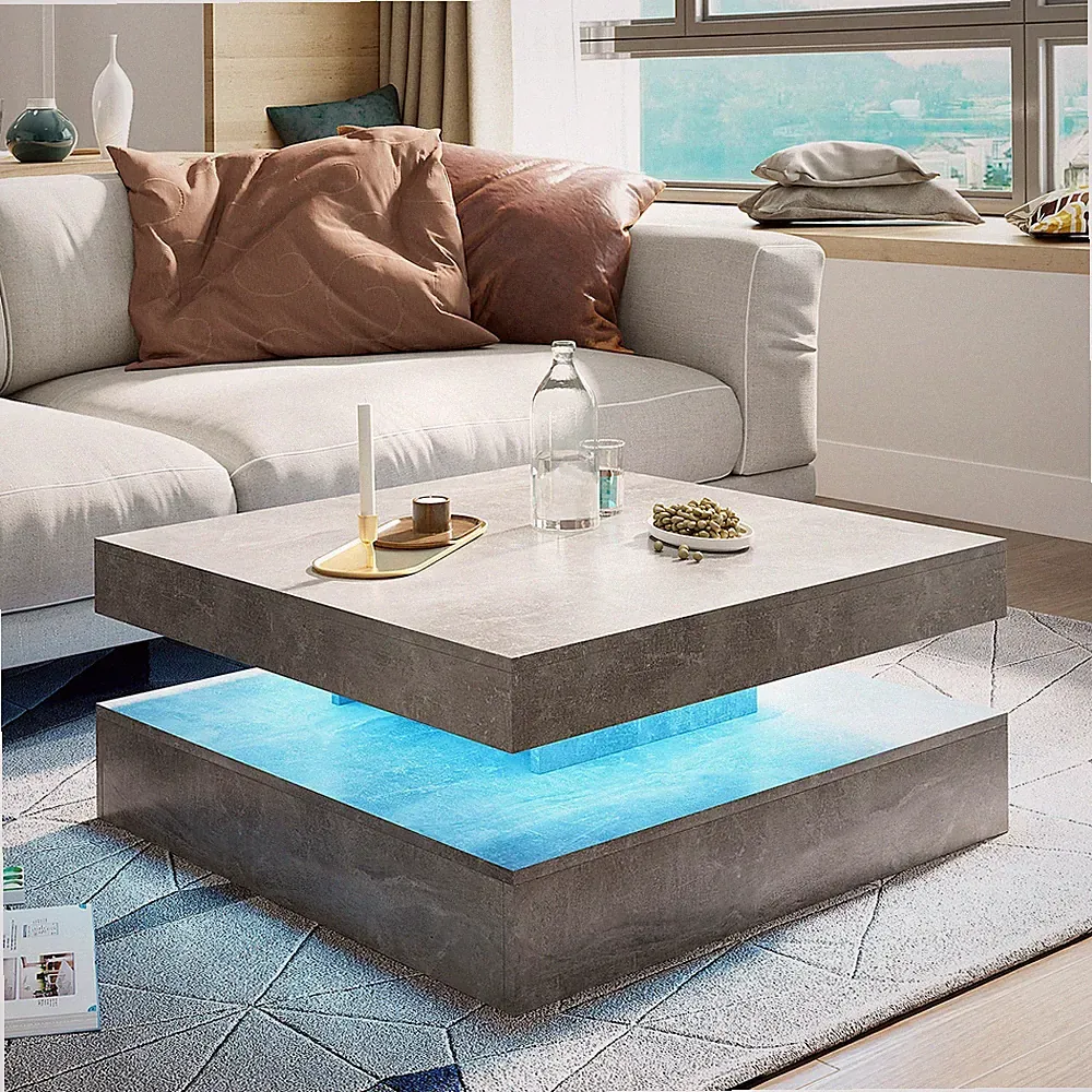 Hochglanz-Couchtisch für Wohnzimmer, quadratischer Beistelltisch, LED-Licht Grau