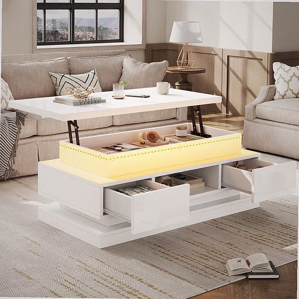 Hochglanz Couchtisch höhenverstellbar mit 2 Schubladen LED-Beleuchtung Sofatisch