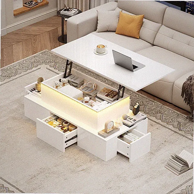 Hochglanz Couchtisch höhenverstellbar mit 4 Schubladen LED-Beleuchtung Sofatisch