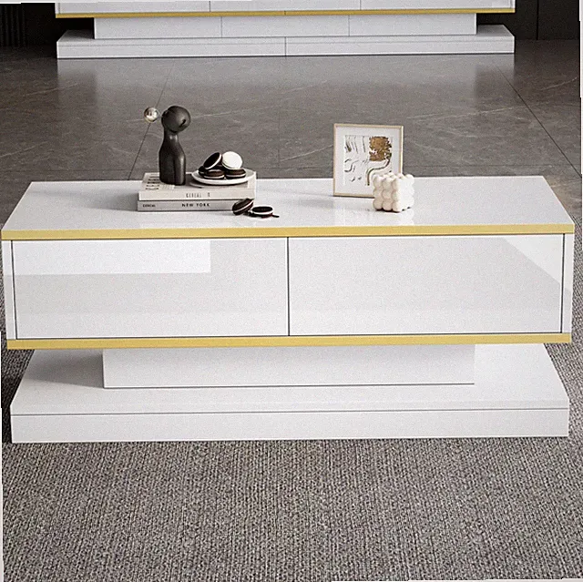 Hochglanz Couchtisch Sofatisch Kaffeetisch mit 2 Groß Schubladen weiß+gold 100CM