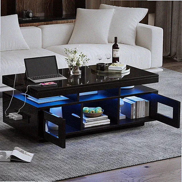 Hochglanz Couchtisch Sofatisch mit LED-Leuchten Ladeanschluss steckdose 2Glastür