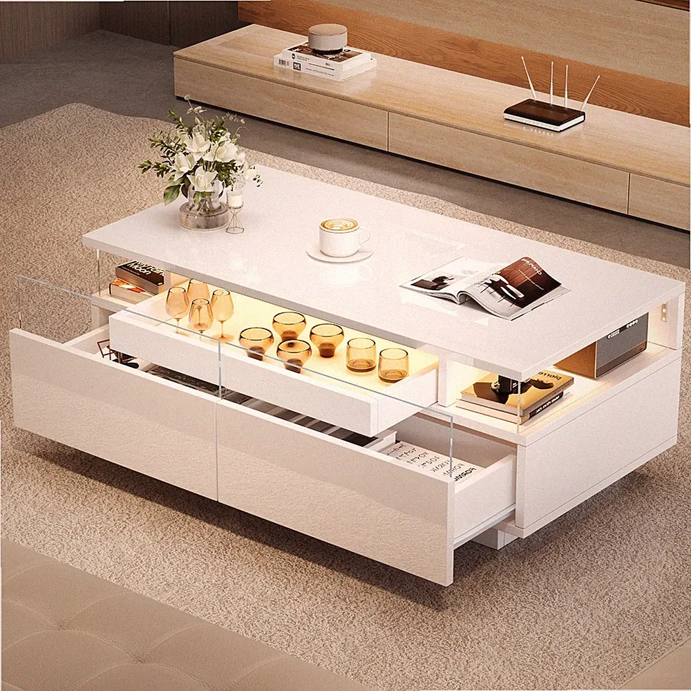 Hochglanz Couchtisch Sofatisch mit Tablett LED-Licht 2 Schubladen Glasplatte Wei