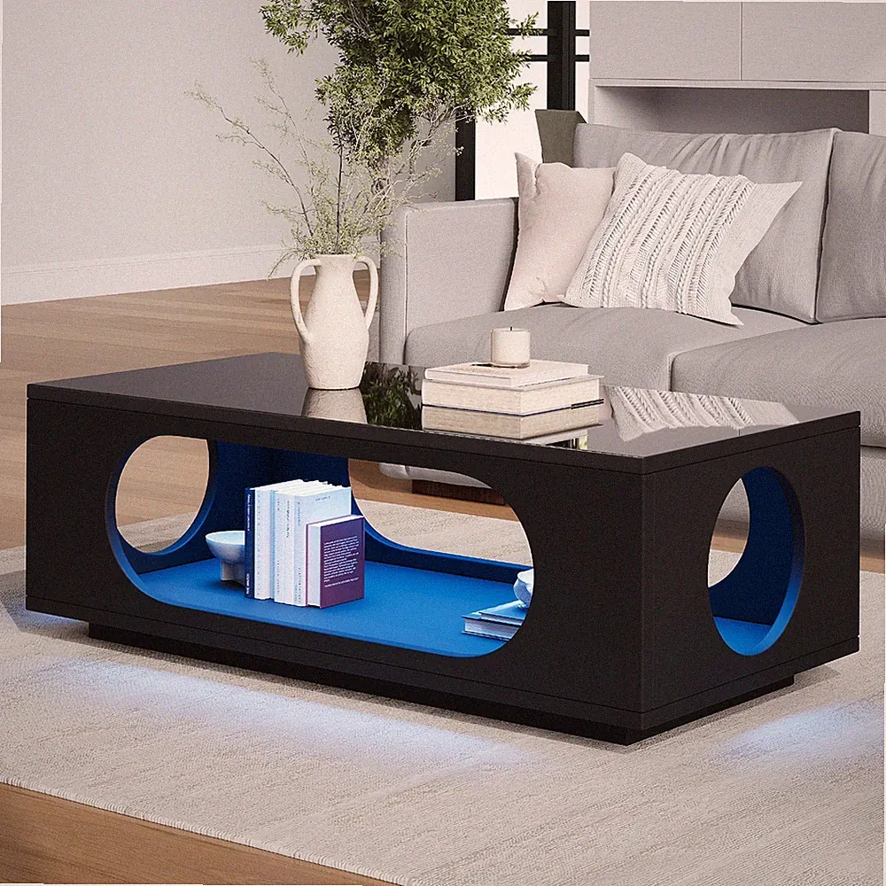 Hochglanz Couchtisch Wohnzimmertisch Sofatisch mit LED-Beleuchtung Schwarz Neu