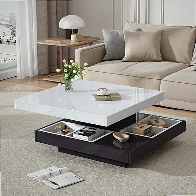 Hochglanz Drehbare Couchtisch Kaffeetisch Sofatisch mit Ablagefach Schwarz+ Weiß
