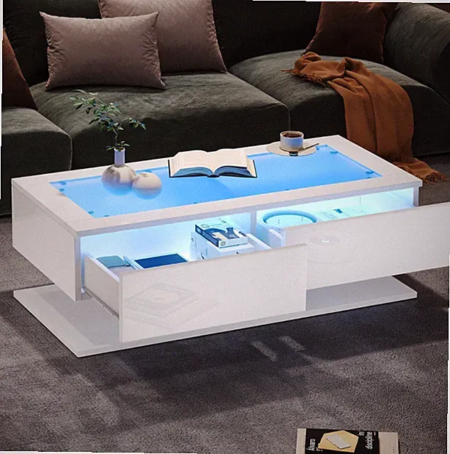 Hochglanz Glas Couchtisch Sofatisch mit 2 Schubladen LED Beleuchtung Weiß 100*50