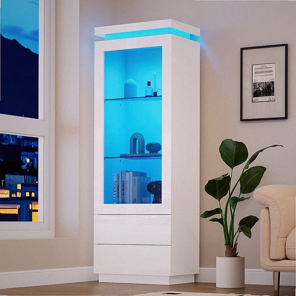 Hochglanz Glas Vitrine Standvitrine Schrank Highboard mit LED Beleuchtung Schubl