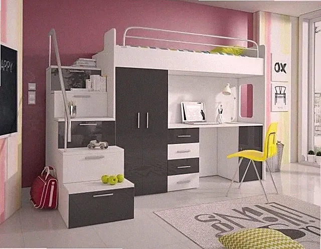 Hochglanz Hochbett ALICE mit Schreibtisch, Schrank und Regal in der Treppe weiß