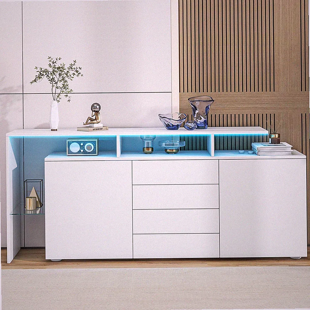 Hochglanz Kommode Sideboard Anrichte mit 4 Schubladen LED Licht Beistellschrank