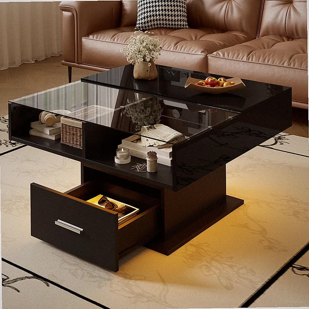 Hochglanz Lift Couchtisch Sofatisch mit LED Beleuchtung Verstellbarer Glasboden