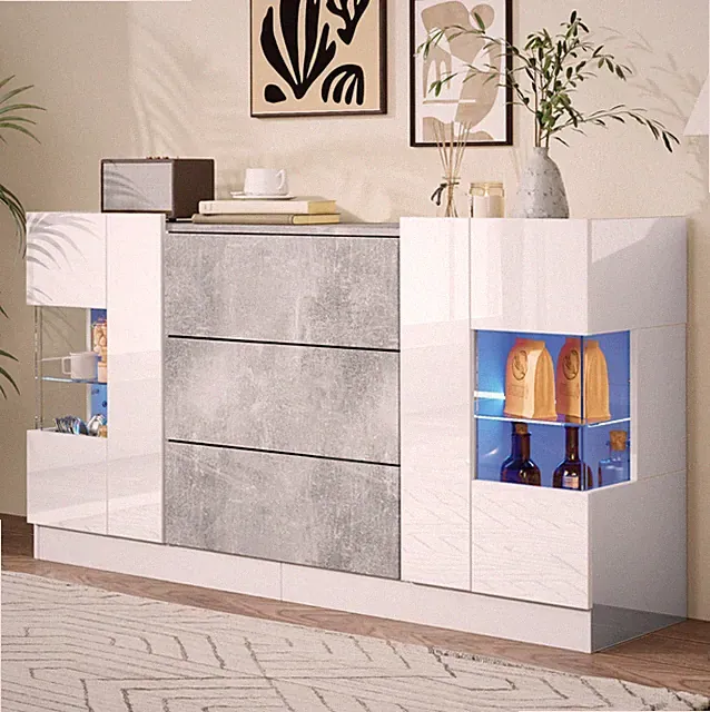 Hochglanz Moderner Sideboard Kommode TV Schrank mit LED Beleuchtung Weiß + Grau