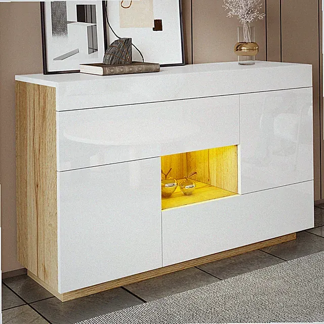 Hochglanz Moderner Sideboard Kommode Vitrine Schrank mit LED Beleuchtung Weiß