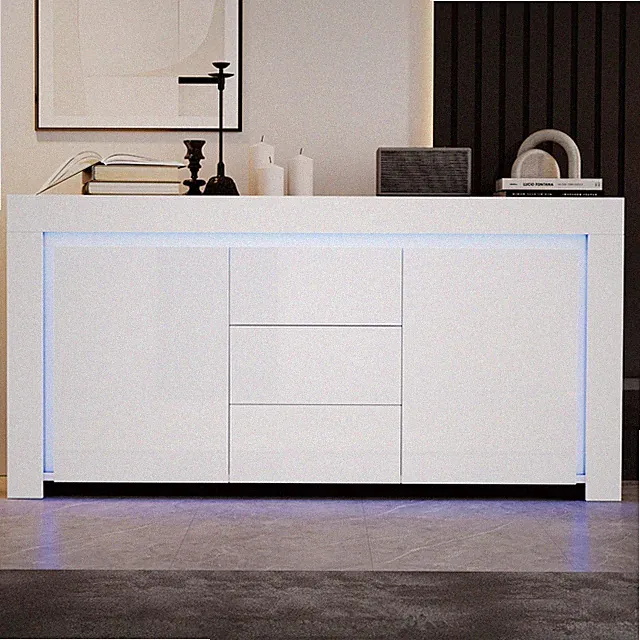 Hochglanz Sideboard Kommode mit 3 Schubladen, LED Beleuchtung App Control, Weiß