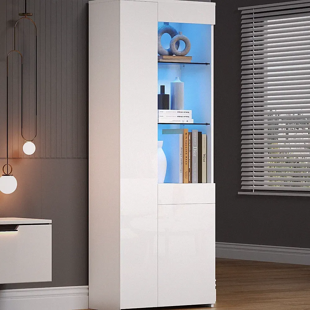 Hochglanz Vitrine Standvitrine Highboard mit Glasregal LED-beleuchtete App Weiß