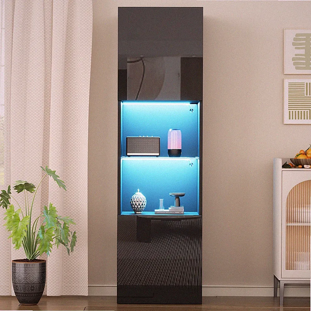 Hochglanz Vitrine Standvitrine Hochschrank mit LED-Beleuchtung Glasboden Schwarz