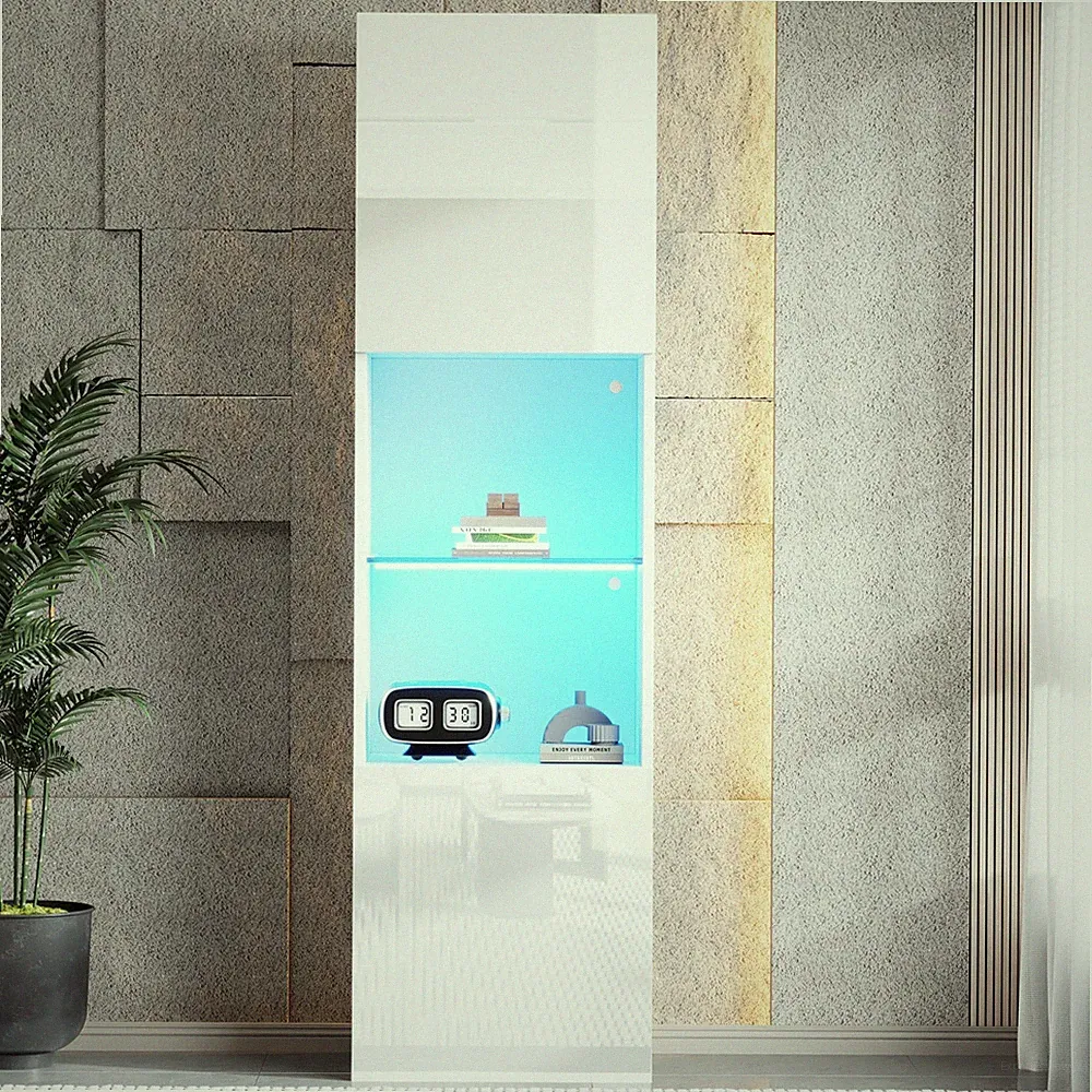 Hochglanz Vitrine Standvitrine Hochschrank mit LED-Beleuchtung Glasboden Weiß